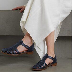FSJ Navy Retro Closed Toe Sandals Low Block Heel Woven Roman Ankle Strap Shoes